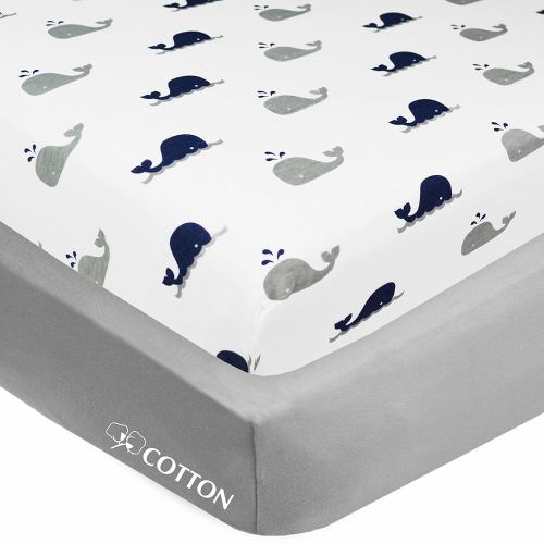 American Baby Company 2 Pack Fitted Crib Sheets 28" x 52", Soft Breathable Neutral 100% Cotton Jersey Sheet, Navy Whale and Gray, for Boys and Girls, Fits Crib and Toddler Bed mattresses