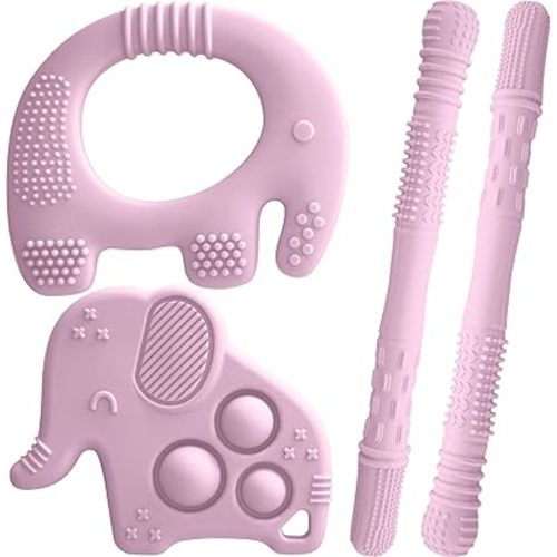 Baby Teething Toys, Silicone Teether Set for Sore Gums, 3+ Months (Pink)