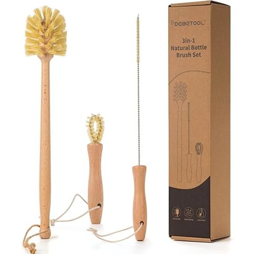 Natural Bottle Brush Set 3-in-1-13.7 Inch Long Handle Wooden Bottle Brush for Cleaning, Water Bottle Cleaner Brush for Cups & Wide Mouth Jars