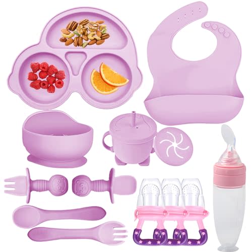 Silicone Baby Feeding Set,Miicasa Baby Led Weaning Supplies Kit With Suction Bowl & Car Plate, Bib, Spoon, Fork, Cup - Food-Grade Silicone, Dishwasher-Safe, No BPAs - For 3+ Months