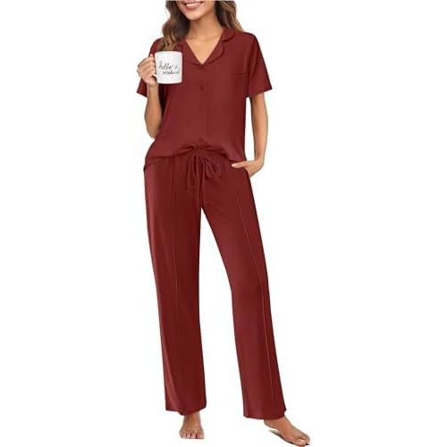 Ekouaer Pajamas for Women Set Button Up Sleepswear 2 Piece Short Sleeve PJ Top and Long Pants Loungwear With Pocket S-XXL