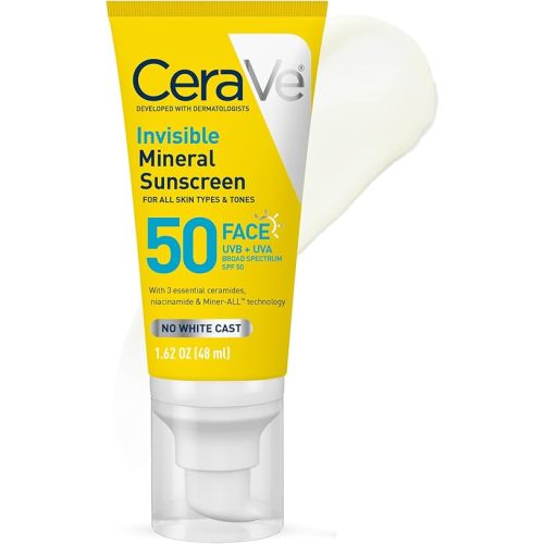 CeraVe Invisible Mineral Sunscreen SPF 50, Face Sunscreen for Sensitive Skin With Zinc Oxide & Titanium Dioxide, Vitamin E + Niacinamide + Ceramides, Oil Free, Travel Size 1.62 oz