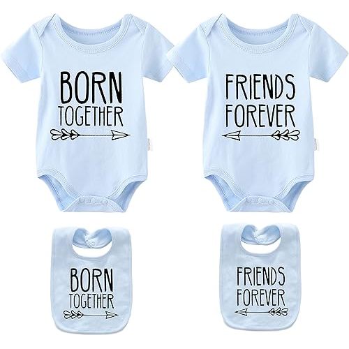 YSCULBUTOL Baby Twins Bodysuits Best Friends Forever Baby Clothes Set with Bibs Girl Outfit with hat