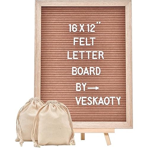 Felt Letter Board with 402 Letters, Numbers & Symbols - 12 x 16 inch Large Changeable Message Board with Wooden Frame Wall Mount Hook, 2 Canvas Bags, Wood Stand (Brown)