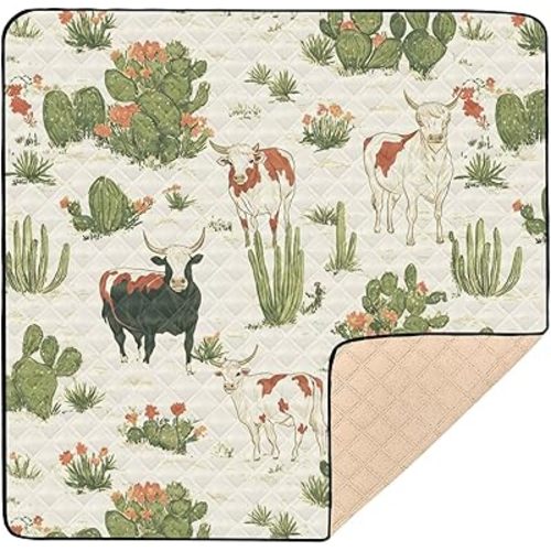 Baby Play Mat Western Cactus Cows 50 x 50 Playpen Mats for Floor Play Gym Crawling Mat Non-Slip Cushioned Baby Playmat for Infants, Babies, Toddlers