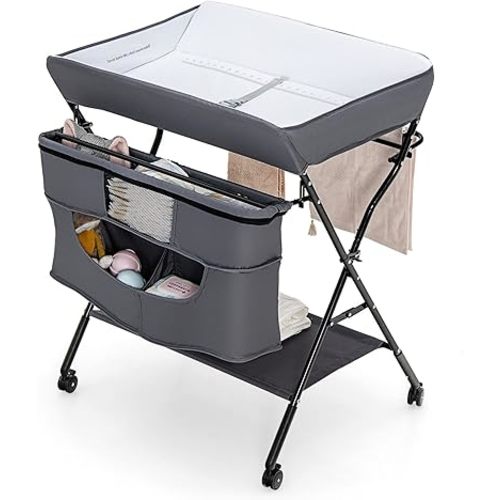 Costzon Baby Changing Table, Adjustable Height Portable Diaper Station w/Lockable Wheels, Safety Belt, Large Storage Rack & Bag, Folding Nursery Station for Infant Newborn (Grey)