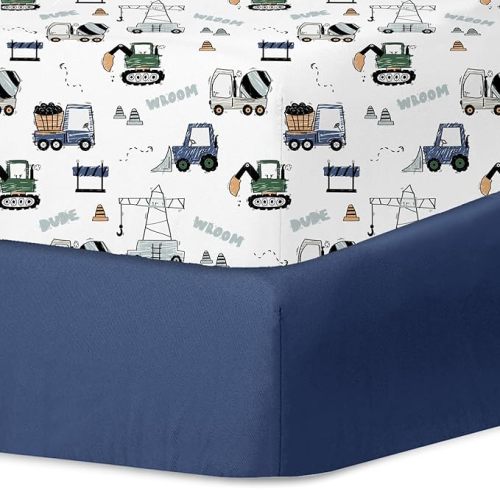 Little Grape Land Crib Sheets for Boys and Girls, 2pk Baby Crib Fitted Sheet for Standard Size Crib and Toddler Mattress, Super Soft Baby Sheet (Navy Trucks)