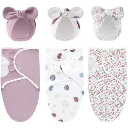 Baby Swaddle Sleep Sack with Hat Set for 0-3 months 3-Pack Soft Cotton Newborn Wearable Swaddle Wrap for Girls Boys