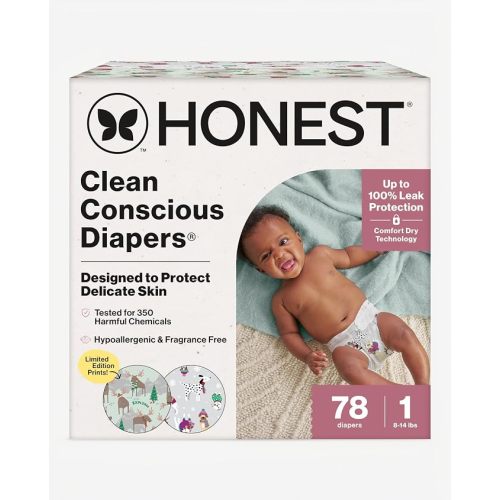 The Honest Company Clean Conscious Diapers for Delicate Skin | Up to 100% Leakproof | Hypoallergenic, Fragrance Free | Winter '25 Limited Edition Prints | Club Box, Size 1 (8-14 lbs), 78 Count