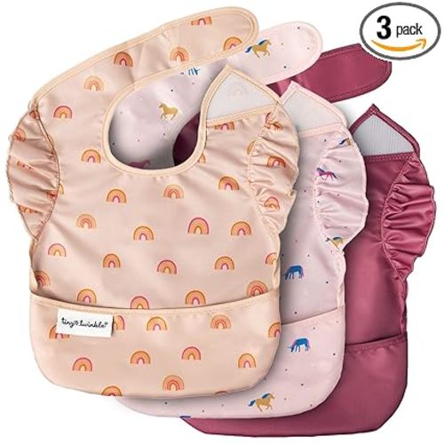 Tiny Twinkle Mess-Proof Baby Bibs for Eating | Waterproof, Wipeable Toddler Bibs with Catch-All Pocket | Feeding Bibs for Girls & Boys(3 Pack,Unicorn)