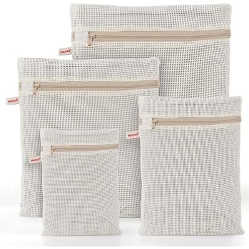 MADIKA 100% Cotton Mesh Laundry Bags, Organic Cotton Laundry bags, No Dye, Set of 4, Natural