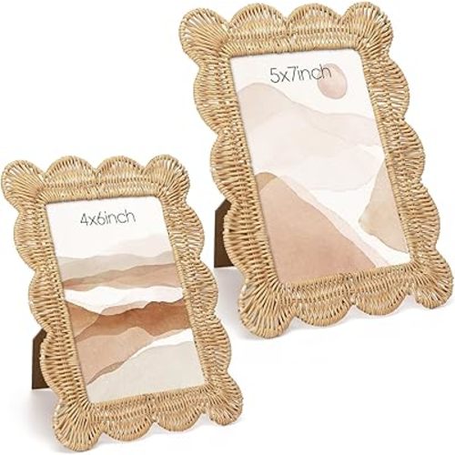 Vicenpal 2 Pack Woven Rattan Picture Frame Set, 4x6 & 5x7 Scalloped Picture Frame with Stand, Exquisite Handmade Wicker Photo Frames for Wall Tabletop Display Home Decor Accessories Gifts