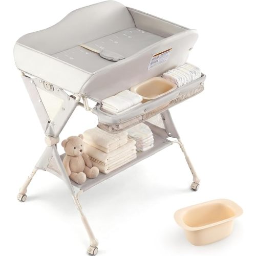 INFANS Baby Changing Table with Wheels, Portable Folding Diaper Station Nursery Organizer with Storage Basket, Hanging Rack, Adjustable Height, Safety Belt for Newborn Infant (Light Gray)