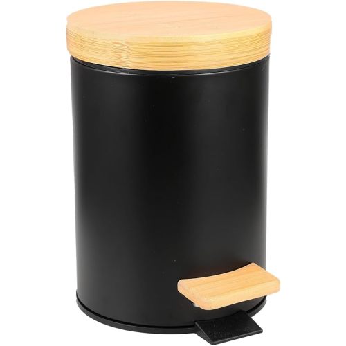 Small Bathroom Trash Can with Natural Bamboo Lid Soft Close，3 Liter / 0.8 GallonStainless Steel Garbage Can with Removable Inner Bucket andStep Pedal（Black）