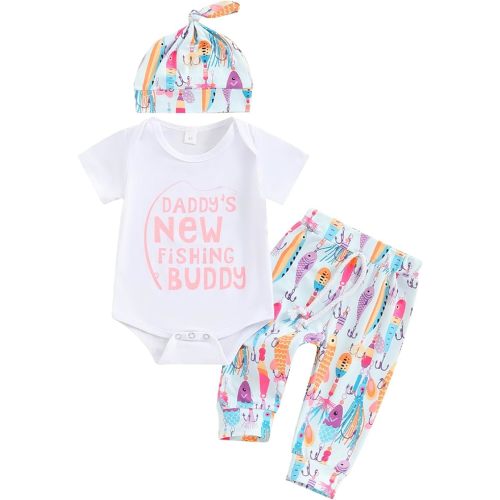 Newborn Baby Boy Girl Summer Clothes Short Sleeve Funny Letters Romper Top Fish Pants Hat 3Pcs Coming Home Outfit