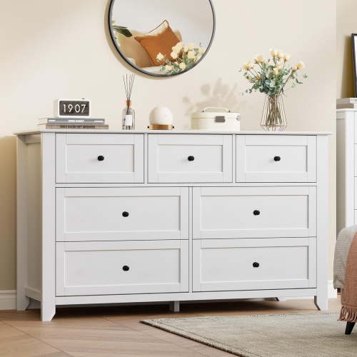 White 7 Drawer Dresser for Bedroom, 54" Wide Large Dresser with Deep Drawers & Metal Knobs, Modern Wooden Chests of Drawers for Entryway, Hallway