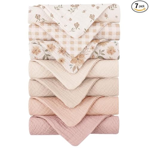 Konssy Baby Muslin Washcloths 7-Pack, 100% Cotton Baby Bath Washcloths, Soft & Absorbent Wash Cloths and Burp Cloths for Newborn Kids Girls & Boys, 11x11 inches