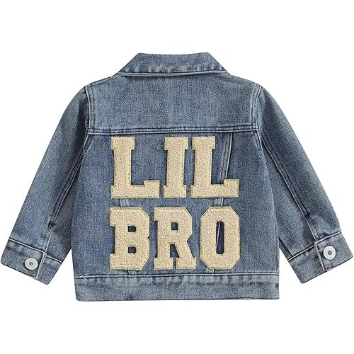 VISGOGO Toddler Baby Girl Jacket Big Lil Sister/Brother Letter Embroidery Jean Long Sleeve Cardigan Button Denim Coat