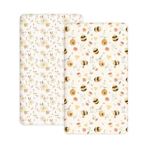 Pack and Play Sheets 2 Pack, Fitted Jersey Knit Mini Crib Sheets for Baby Boys and Girls, Compatible with Graco Pack N Play and Mini Crib Mattress (Honeybee Dreams, Pack N Play/Mini Crib Sheets)