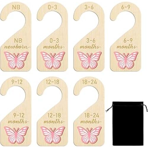 R HORSE 3D Wooden Baby Closet Dividers - 8Pcs Pink Butterfly Baby Closet Organizer, Double-sided Newborn Clothes Size Hanger Dividers Nursery Decor Birthday Gift for Boys Girls, 0-24 Months