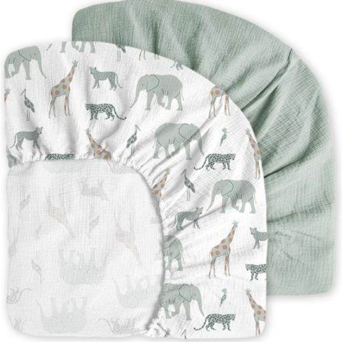 Little Grape Land Muslin Crib Sheets Fitted for Boys and Girls 2 Pack, 100% Cotton Baby Bed Sheets Soft Breathable, Neutral Fitted Baby Mattress Sheets for Standard Crib 52x28, Safari