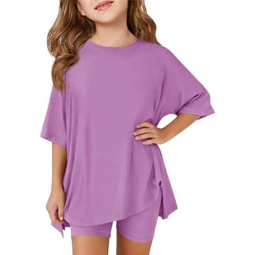 Haloumoning Girls Summer Outfits Casual Lounge Set Kids Oversized Side Split Shirts and Biker Shorts 2 Piece Clothing Sets