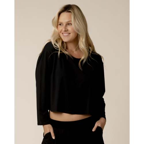 Aria Bamboo Casual Cropped Long Sleeve Top | Black - Kindred Bravely