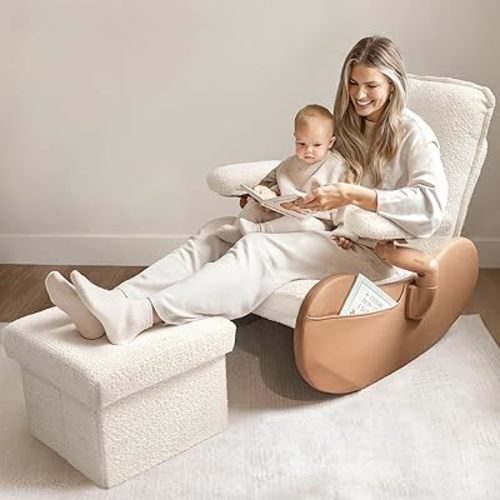 MAMAZING Nursery Rocking Chair Glider with Ottoman for Breastfeeding, Upholstered Nursing Chair with Removable Cover for Mom and Baby, Reading Chair for Bedroom, Living Room(Brown/Beige)