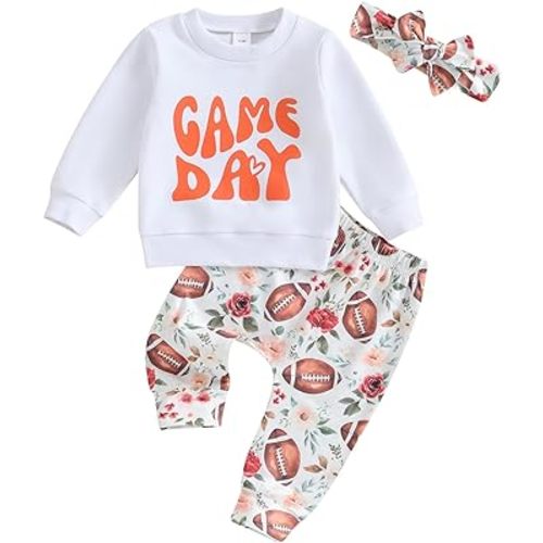 Karuedoo Toddler Baby Girl Football Season Outfit Game Day Sweatshirt Top Football Pants Headband 3Pcs Outfits Set