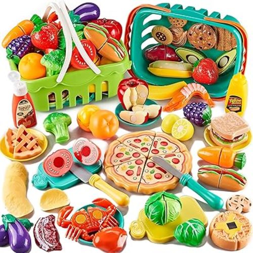 85Pc Pretend Play Food Sets for Kids Kitchen, Cutting toy food with 2 Baskets, Play Kitchen Accessories for Toddlers, Fake Food with Pizza Veggies Fruits, Kids Kitchen Toys, Boys Girls Gift.