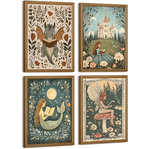 Nursery Fairy Dragon Wall Art Baby Room Reading Book Wall Decor Vintage Girl Dinosaur Canvas Prints Boy Whimsical Fantasy Poster Fairytale Princess Pictures Painting for Bedroom 8x10x4 Inch Framed