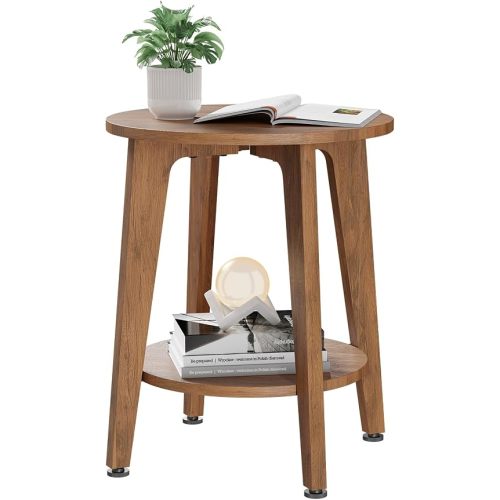 Simple Trending Round Side Table, Small End Table, Nightstand Bedside Table with Tapered Legs, for Living Room, Rustic Walnut