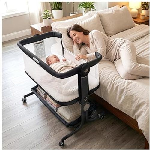 KRIDDO 2-in-1 Baby Bassinet for Infant, Bedside Bassinet with All-Around Breathable Mesh, Lockable Wheels, Adjustable Height and Incline, Bedside Sleeper for Baby with Large Storage Basket, Dark Grey