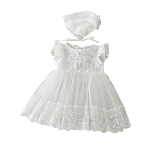 Faithtur Newborn Baby Girls Baptism Dress Infant Lace Crochet Tulle Dress O-Neck Ruffled-Sleeve Bubble Skirt for Birthday/Party/Banquet 0-24 Months
