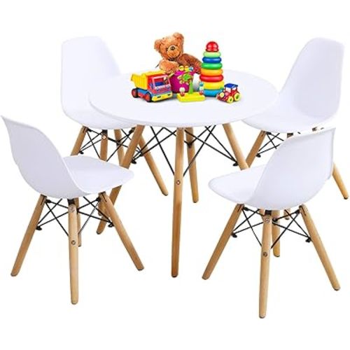 Costzon Kids Table and Chair Set, 5 PCS Mid-Century Modern Style Kids Desk Set w/Wood Legs, Iron Frame for Dining Drawing Playing & Strong Bearing Capacity, Toddler Table and Chairs (White)