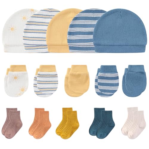 MAMIMAKA Newborn Baby Boy Girl Caps Mittens Socks Set Cotton Baby Essentials Accessories (Hats+Gloves+Socks)