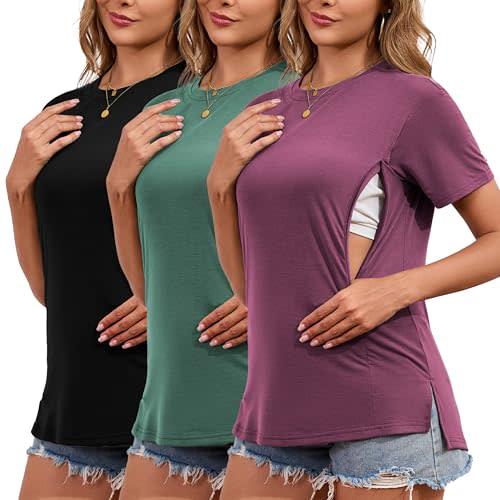 Liu & Qu Breastfeeding Shirts for Women 3 Pack Hidden Zipper Nursing Tops Side Split Postpartum Clothes