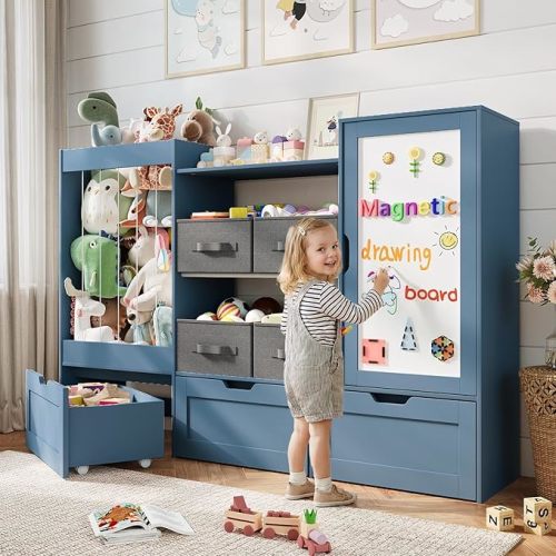 61" W Kids Toy Storage Organizer with Stuffed Animal Storage, 3 Movable Storage Drawers, 4 Removable Storage Bins, Wooden Bookshelf with Magnetic Drawing Board for Kids Room & Playroom, Blue