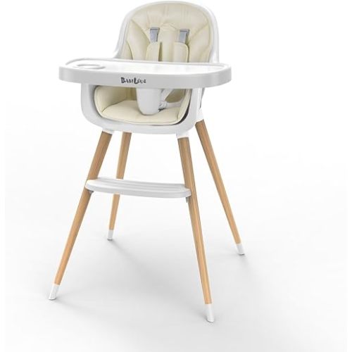 Baby High Chair, Wooden Highchair with Removable Tray, Adjustable Legs, Cushion, 5-Point Harness and Footrest for Infants, Baby, Toddlers, Cream