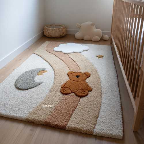 Teddy Bear Nursery Kids Room Rug | Handmade-Tufted Wool, Moon And Cloud Design