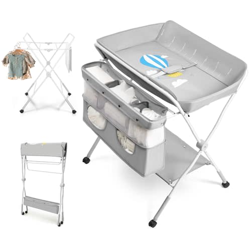 Lilian&Gema Portable Baby Changing Table with Wheels, 3-Level Adjustable Heights Folding Diaper Changing Station with Nursery Organizer&Large Storage Racks for Newborns&Infants