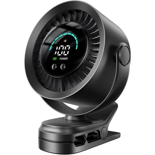 Portable Clip on Fan, 100-Speed Rechargeable USB Fan with LED Display, 360° Rotation & Strong Airflow Desk Fan, Up to 17 Hours Small Battery Fan for Outdoor Travel Camping Treadmill Car (Black)