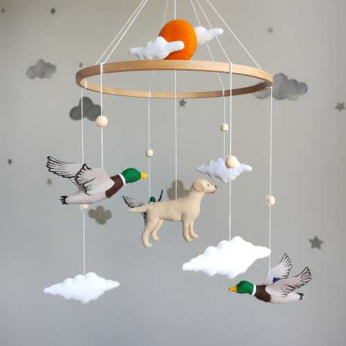Duck hunting baby mobile. Labrador retriever. Mallard duck mobile. Custom dog baby mobile. Duck nursery decor. Gender neutral crib mobile.