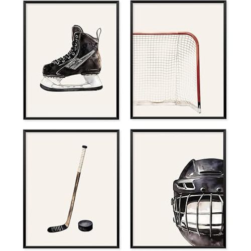 VONTP Boys Sports Room Decor, Kids Bedroom Sports Wall Art Decor for Kids Boys Bedroom Playroom, Ice Hockey Prints Posters Wall Decorations, 8x10 Inch Set Of 4 (Unframed)