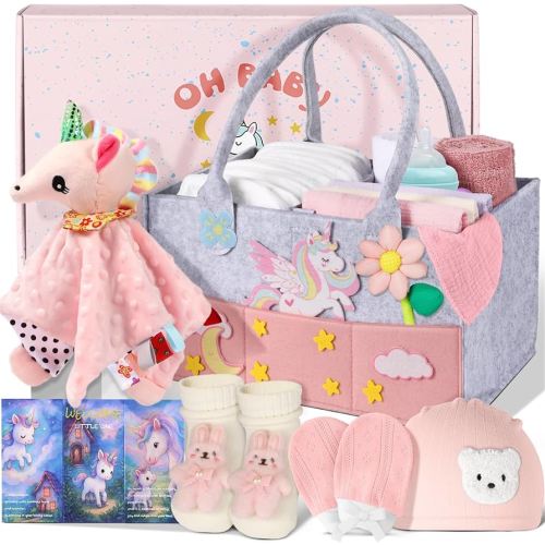 Coralogo Baby Shower Gift Basket - Baby Gift Set with Diaper Caddy, Gifts for New Mom, Gender Reveal Gifts, New Born Essential Include Security Blanket Hat Bib Socks Mittens, Girl