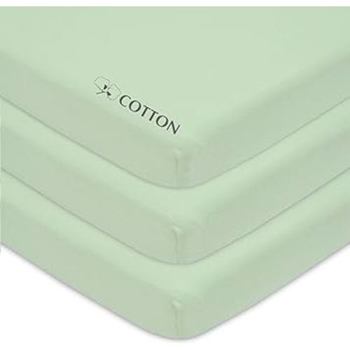 American Baby Company 3 Pack 100% Natural Cotton Fitted Mini Crib Sheets 38" x 24" - Soft & Breathable Small Nesting Portable Sheets, Fits Pack N Play Mattresses, Celery, for Boys & Girls
