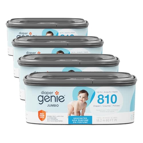 Diaper Genie Refill, Jumbo Square | Continuous Film | Holds 810 Newborn Diapers | Pack of 4
