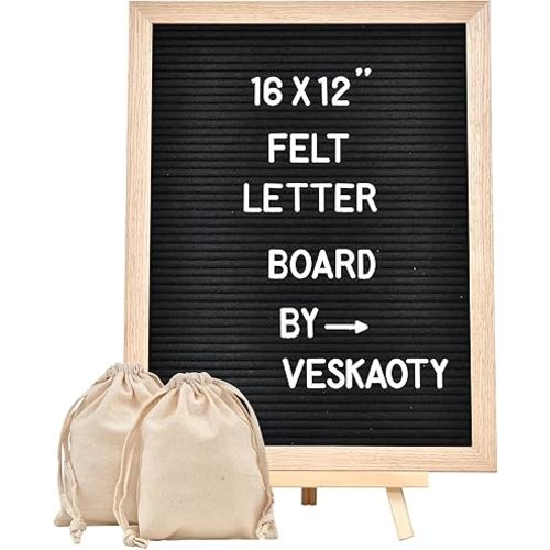 Veskaoty Felt Letter Board with 402 Letters & Stand, 12 x 16 inch, Black