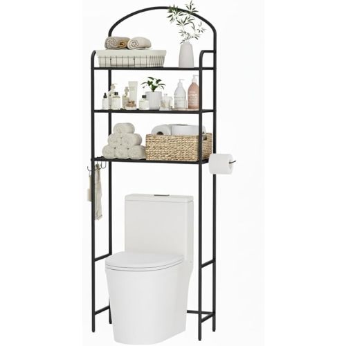 Over The Toilet Storage Rack - 3 Tier Bathroom Organizer with 4 Hooks & Paper Holder - Space Saving Metal Shelf for Bathroom - Black Toilet Storage