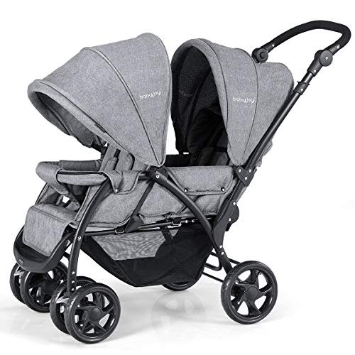 BABY JOY Double Stroller, Foldable Lightweight Twin Stroller with Tandem Seating, Adjustable Backrest/Canopy/Footrest, 5-Point Harness, Storage Basket, Newborn and Toddler (Gray)
